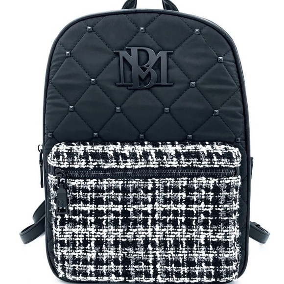 BADGLEY MISCHKA Tweed Diamond Quilted Nylon Backpack NWT Black White MSRP 170 - Picture 1 of 5